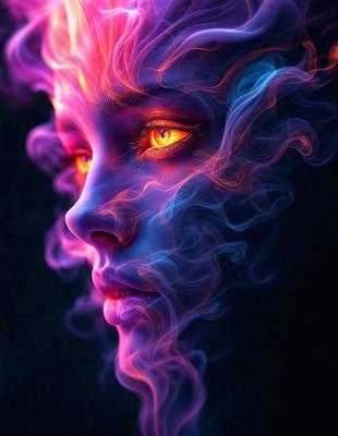 The primary subject of the image is a woman with a purple and blue face, which gives her a unique and striking appearance. The setting is a dark background, which contrasts with the vibrant colors of her face. The visual style of the image is a digital art or illustration, as it features a surreal and artistic representation of the woman. The dominant colors in the image are purple and blue, creating a mood of mystery and intrigue.